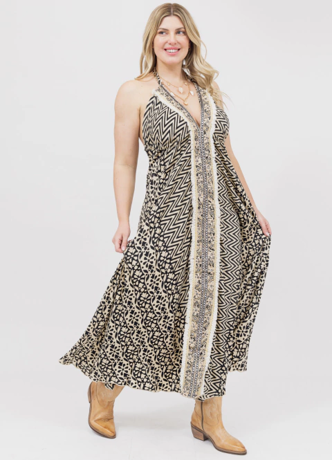 Vestido Largo Seda Estampado Beige y Negro - comprar online