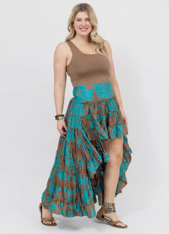 Pollera de Seda Asimetrica Regulable Estampado Marron y Turquesa - comprar online