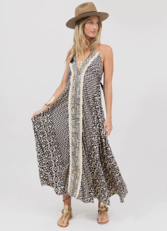 Vestido Largo Seda Estampado Beige y Azul - comprar online