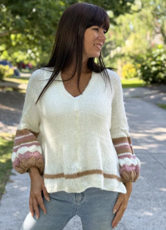Sweater Escote V Manga Globo Crudo
