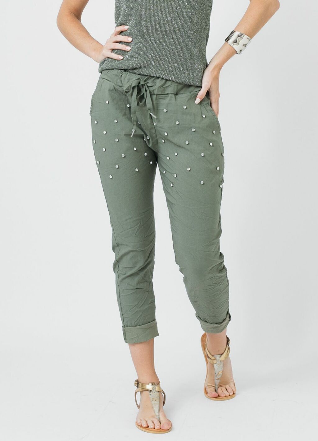 Pantalon Babucha Elastizado Strass Verde Militar thumbnail 3