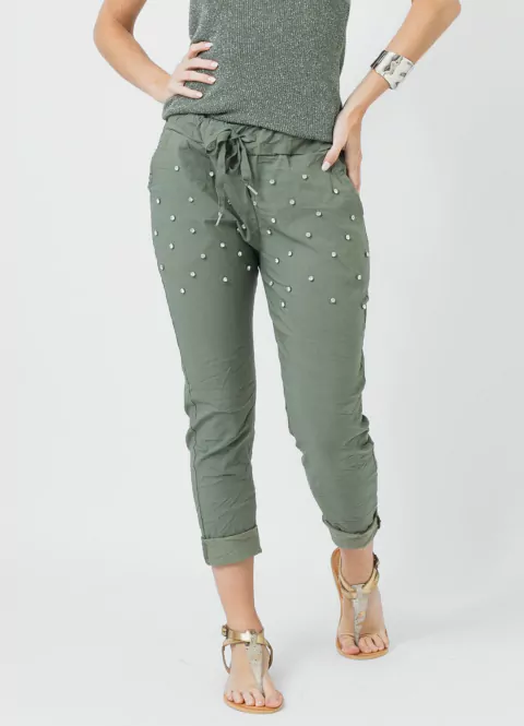 Pantalon Babucha Elastizado Strass Verde Militar