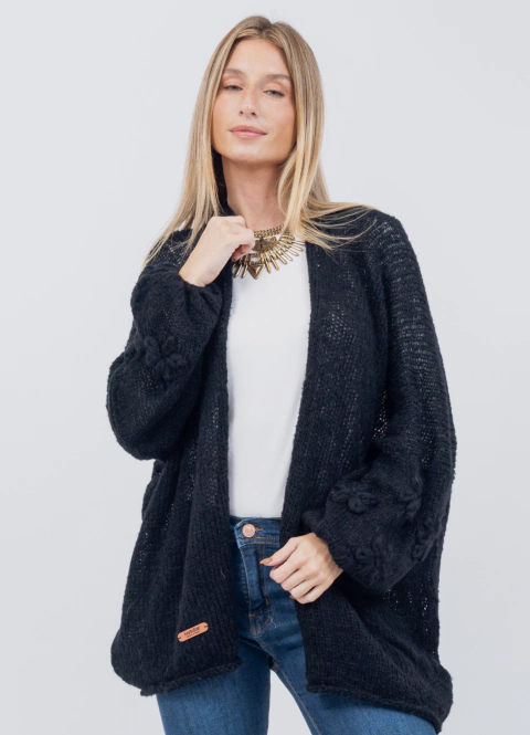 Saco Manga Globo Bordado Margaritas Negro - comprar online