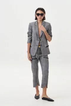 PANTALON MILAN CIGARETTE LINO GRIS BICOLOR - comprar online