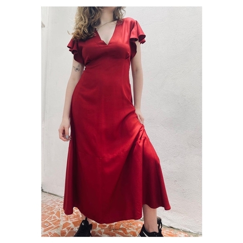 Vestido alice longo em viscose com bolsos e mangas com babadinhos