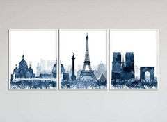 TRÍPTICO PARÍS SIMIL ACUARELA AZUL - comprar online