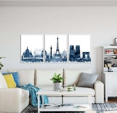 TRÍPTICO PARÍS SIMIL ACUARELA AZUL