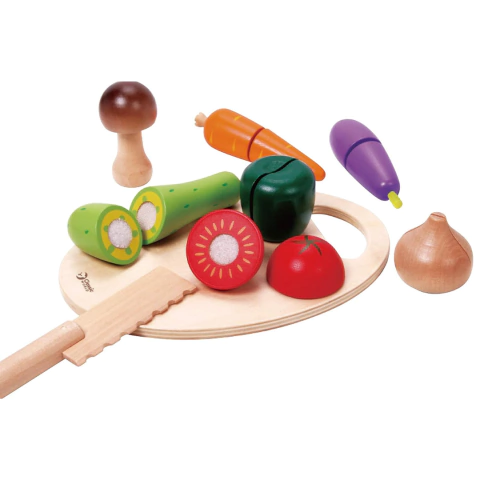 Juego de verduras de madera para niños con tabla de cortar y cuchillo de juguete