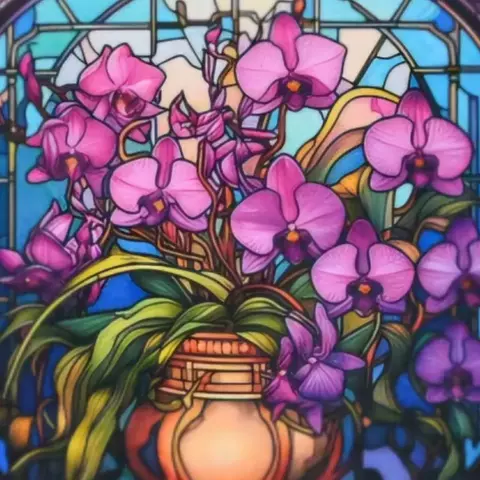 Kit pintura de diamante de un florero con orquídeas rosas en estilo vitral colorido
