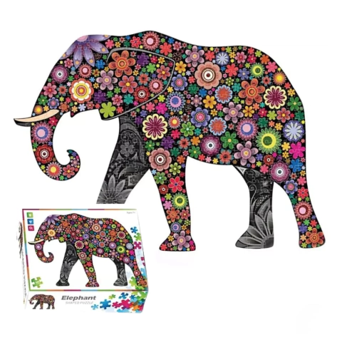 Rompecabezas de 500 piezas con forma de elefante decorado con flores multicolores sobre fondo negro