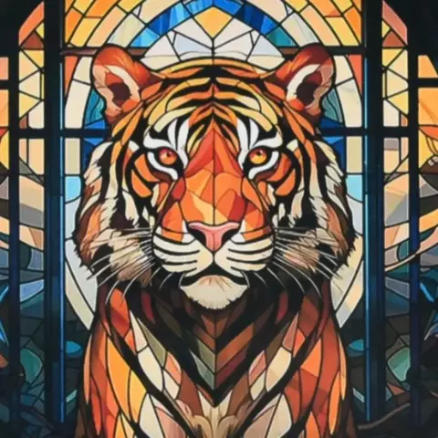 Diamond painting de un tigre en estilo vitral con colores cálidos y detalles geométricos