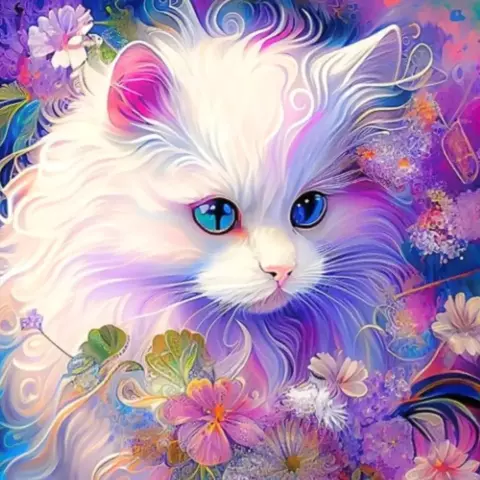 Kit de diamante y diamond painting de un gatito blanco con ojos azules rodeado de flores
