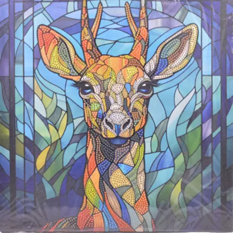 Kit pintura de diamante estilo vitral con diseño colorido de un ciervo con múltiples tonos y formas geométricas