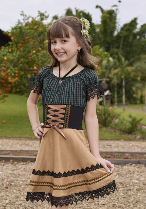 Vestido Infantil Azaleia Caramelo e Verde Musgo