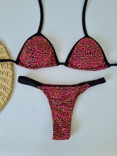 Cortininha viés oncinha rosa com detalhe preto / Fio dental