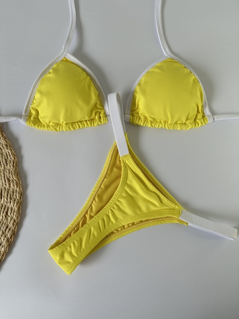 Cortininha viés meril amarelo com branco / Fio dental