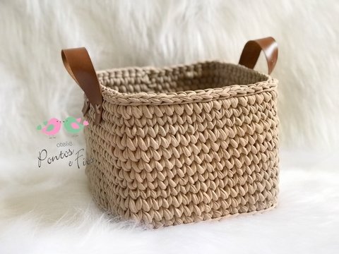 Cesto Fio Malha Quadrado 25x25x20 com Alça de Couro - comprar online