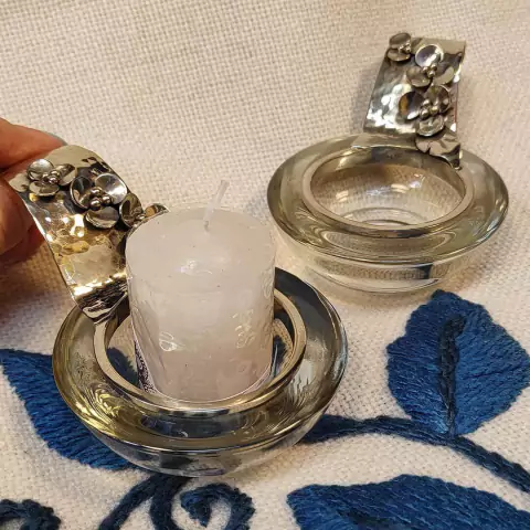 Portavela de vidrio con alpaca Flor tres pétalos