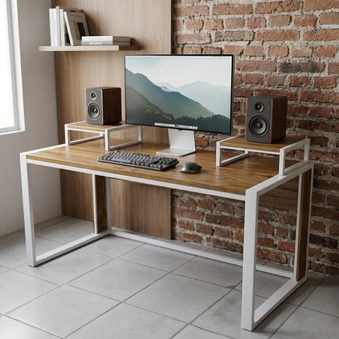 Escritorio Industrial Con Estantes Hierro Madera 140x70x80cm