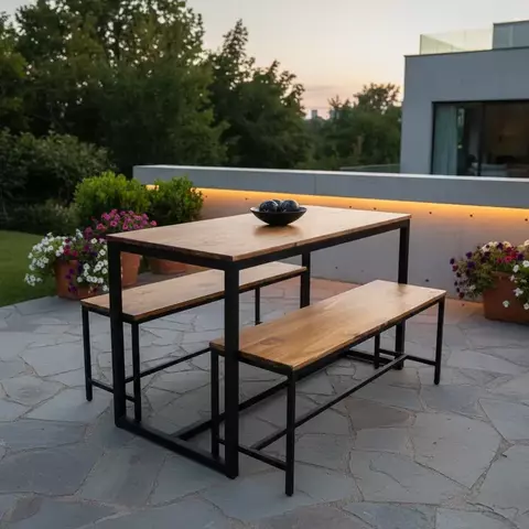 Mesa Industrial 130x60 Con 2 Bancos Largos Hierro Y Madera