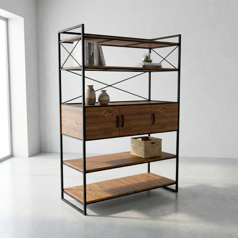 Repisa Biblioteca Estante Industrial Hierro Madera Maciza 120x40x200
