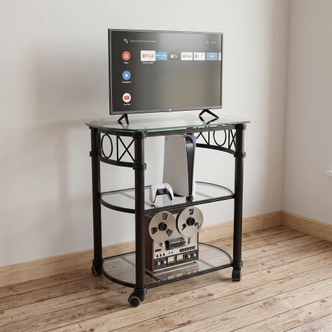 Mesa Tv 90x45x75 Con Estantes Cristal curvos Hierro Forjado