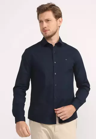 Camisa Calvin Klein Masculina Manga Longa Slim Lisa Básica Logo No Peito Marinho - CKJM900C-0598