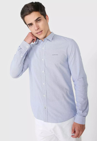 Camisa Calvin Klein Jeans Slim Listrada Azul/Branca - CKJM903-0585