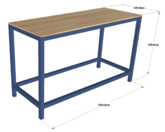 Mesa bancada industrial 150 x 60 x 90cm azul e pinus