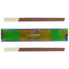 Incenso Indiano Satya Natural Patchouli Gold CX.12 Varetas 15g - CASA DO PRETO VELHO COMERCIO DE PRODUTOS NATURAIS LTDA