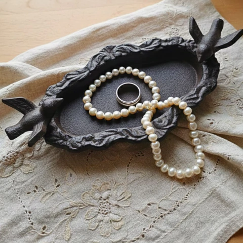 Bandeja decorativa de ferro com design de passarinhos nas extremidades, sobre tecido bordado, contendo colar de pérolas e anel