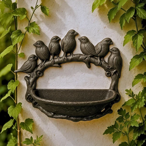 Comedouro de parede em ferro com design de sete passarinhos em relevo sobre um galho
