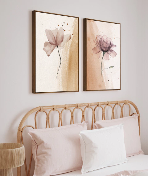 Kit de 2 Quadros Decorativos Flores com Mancha de Aquarela - comprar online