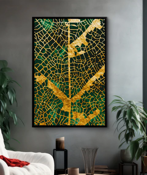 Quadro Decorativo Linda Folha com Detalhe Dourado - comprar online