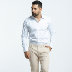 Hombre posando con camisa blanca Slim Fit y pantalones beige.