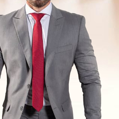 Hombre vestido con un traje gris premium y corbata roja.