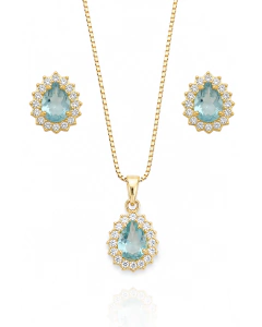 Colar e Brinco Gota Cravejado Azul Acqua Dourado