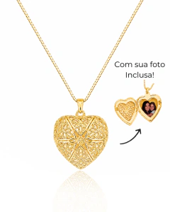 Colar Relicário Coração Vazado com 1 Fotos Banhado a Ouro 18k
