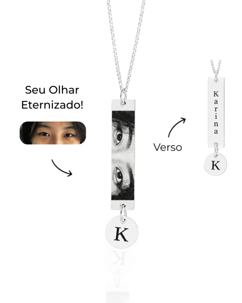 Colar Personalizado Retangular (G) com Olhar e Pingente Redondo Banhado a Prata 925