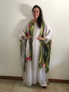 Vestido Longo Maxi Cetim Folhagem