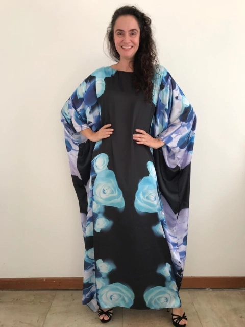 Vestido Longo Maxi Cetim Rosa Azul