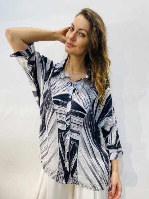 Camisa Social Morcego Crepe Folha Listrado