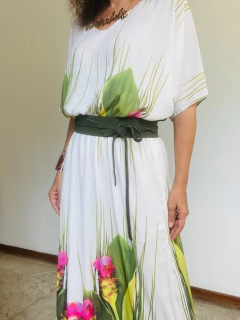 Imagem do Vestido Morcego Babado Longo Crepe Folhagem