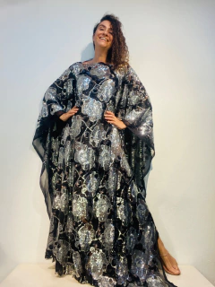 Vestido Maxi Longo Paetê Fiori Neri