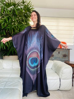 Vestido Maxi Longo Cetim Pavão Preto - comprar online