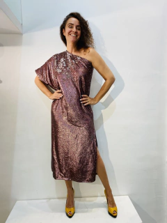 Vestido Morcego Ombro Só Longo Paetê Rosê e Prata - ALESSA