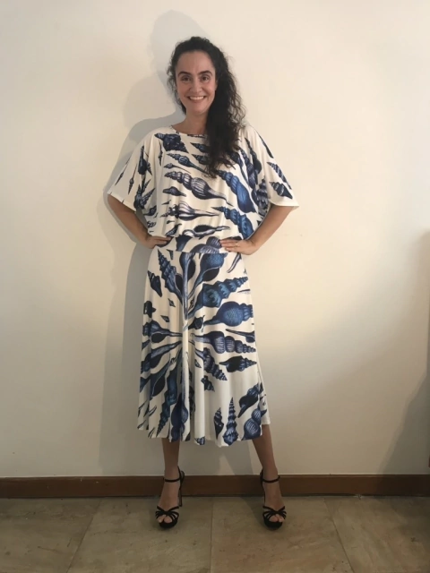 Vestido Curto Morcego Evasê Jersey Concha Azul