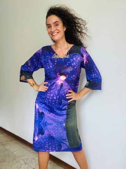 Vestido Evasê 3/4 V Jersey Orquídea Roxo