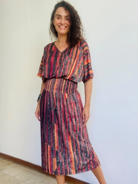 Vestido Morcego Lastex Saia Ret Paul Klee Vermelho