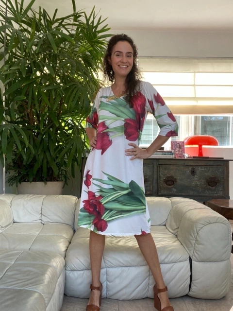 Vestido Evasê 3/4 Jersey Tulipa Vermelha